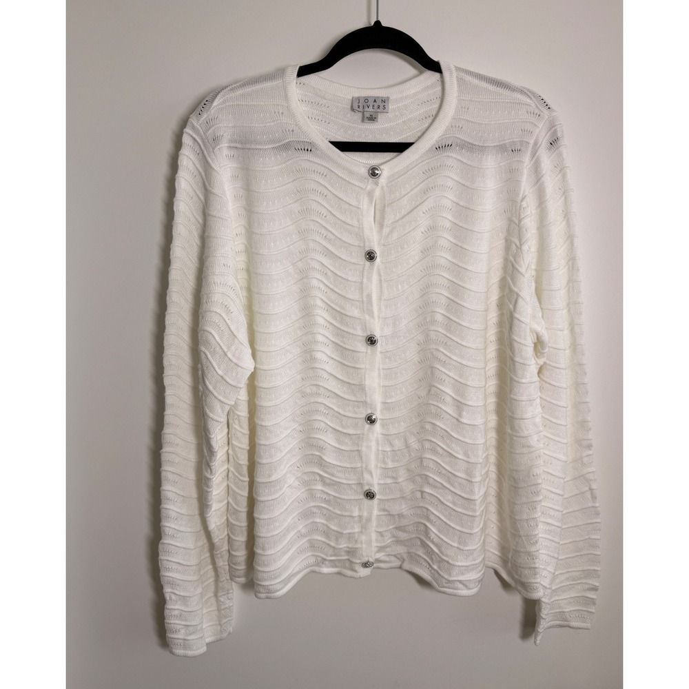 Joan Rivers Cardigan Womens XL White New Wavy Textured Pointelle Knit Sweater